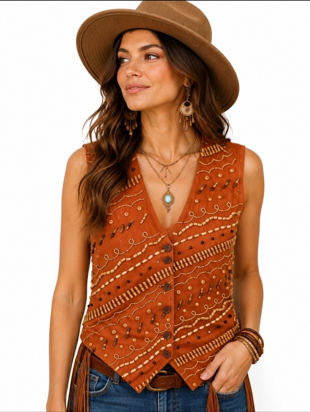 Kenar Orange Linen Beaded Southwestern Bohemian Vest Sz Small
